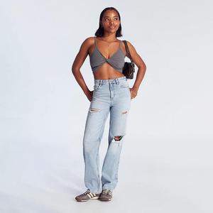 Jeans à jambes larges déchirés bleu clair pour femmes, pantalon vintage taille haute amincissant style streetwear - Product Image 1