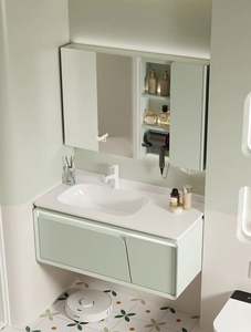 Meuble-lavabo mural de salle de bain de style nordique, série Morandi Green, imperméable, élégant, avec miroir intelligent - Product Image 6