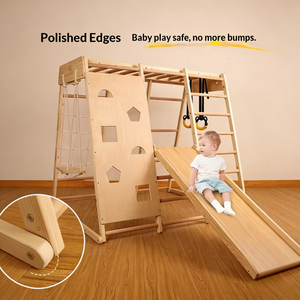Estructura de Madera Sólida para Escalar con Tobogán, Columpio, Anillo y Cuerda de Escalada, Combinación para Parques de Diversiones Interiores y Exteriores - Product Image 5
