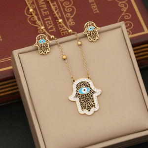 Orecchini Vintage 2 pz/set placcato oro 18K albero della vita in acciaio inox turchese <span class=keywords><strong>Hamsa</strong></span> collana ciondolo a mano Set gioielli - Product Image 2