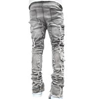 Jeans déchirés empilés pour hommes, streetwear, pantalon en denim de coton, coupe droite, avec patchs à franges et délavage vieilli