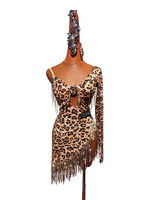 Robe de danse latine pour femmes à imprimé léopard, avec franges en strass, manches longues, costume de compétition de danse de salon et de salsa