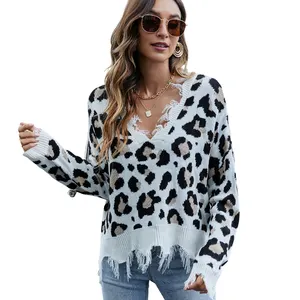Drops-hipping Women Cropped Sweater Fashion Leopard Print Sweater Loose V-neck Woman Knitted Pullover College Sweater