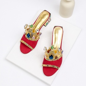 Rivet <b>Diamond</b> Crown Decor <b>Sandals</b> Women Colorful Rhinestone Square Heel Luxury Suede Mules Summer Slide High Heels - Product Image 6