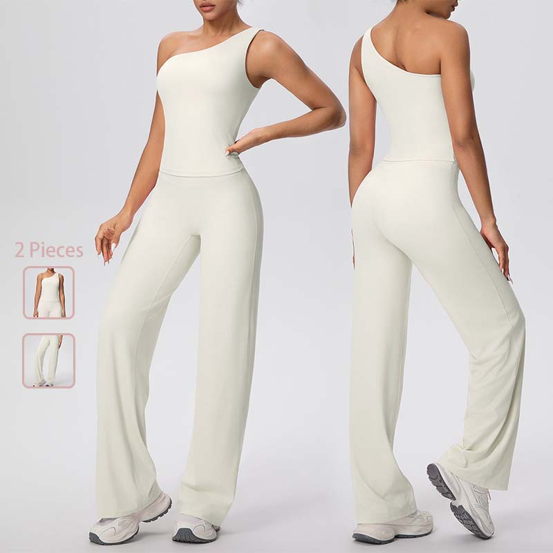 2 Pieces Active Asymmetrical One Shoulder Yoga Tank Top Bra Shirt And Wide Legs Flared Pants Athletic Fitness Set