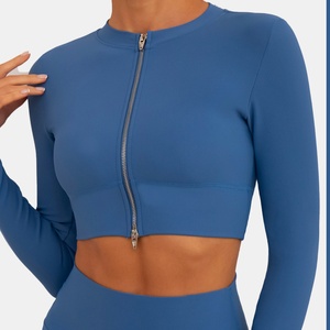 Solid Color Rib-Up/Down Zipper Breathable <b>Yoga</b> <b>Jacket</b> Long Sleeve Fitness Tight Sportswear for Women Reversible Eco-Friendly - Product Image 4
