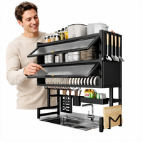 Étagère de rangement pour cuisine à poser sur l'évier, en métal avec portes vitrées, pour l'organisation du comptoir, noir mat