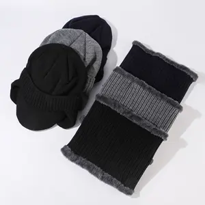 Wholesale Custom Logo Solid Beanie Knit Hat Ear Protection 100%Acrylic Winter Warm Thermal Knit Hat Scarf And Gloves Set For Men