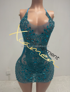 אוקסטרייד באיכות גבוהה כתומה שמלות מסיבת נשים יצרני הלטר צוואר גליטר קריסטל בוקיקון שמלת ריינסטון קז'ואל - Product Image 5