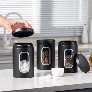 Modern Set of 3 Piece Black Metal Sealed Food Storage With Window Kitchen <b>Coffee</b> Beans <b>Tea</b> <b>Coffee</b> <b>Sugar</b> <b>Canisters</b> Container - Product Image 3