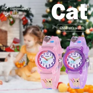 JNEW gato y pez de dibujos animados de moda de plástico Dial Regalo de Cumpleaños reloj de pulsera impermeable para niños