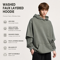 Sweat à capuche en coton pur 400 GSM, effet superposé délavé, coupe ample, style streetwear automne, pour homme, marque privée