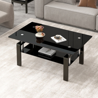 Table basse en verre trempé noir, table à thé à 2 niveaux