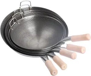 Frigideira de colmeia de aço inoxidável wok, frigideira de aço inoxidável antiaderente com punho de madeira, estilo chinês