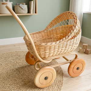 Woven rattan <b>toy</b> stroller with pull handle <b>for</b> children, doll pull-along cart, children's <b>toy</b>, - Product Image 3