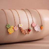 Collar de Cadena de Eslabones de Acero Inoxidable Chapado en Oro de 18K con Diseño de Pollo, Fresa y Flor, Antideslustre, Venta al por Mayor