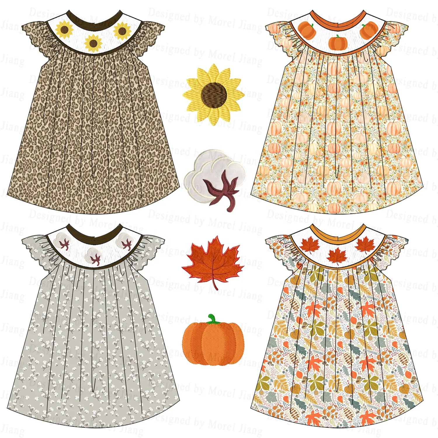 2024 कस्टम फ़ॉल शैलियाँ, स्मोक्ड कढ़ाई वाली बेबी गर्ल्स ड्रेस-प्योरसन के साथ लोकप्रिय डिज़ाइन के कपड़े