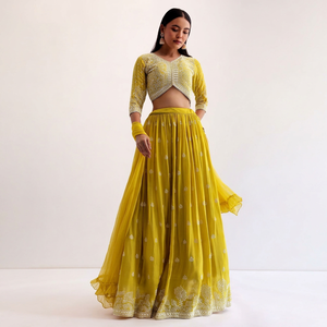 Ensemble Lehenga Choli en polyester brodé jaune, longueur au sol, séchage rapide, robe de fête indienne pakistanaise pour femmes - Product Image 1