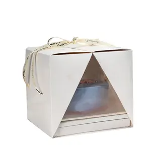 Lüks özel Logo beyaz kare uzun boylu şeffaf kek kutusu PVC doğum günü düğün temizle kek kurdelalı kutu