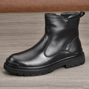 Bottes d'hiver chaudes en cuir véritable pour hommes, bout rond, doublure en fourrure, semelle en caoutchouc antidérapante - Product Image 2