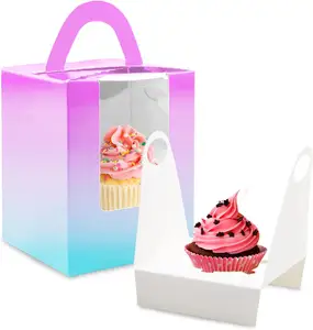 Kotak Cupcake tunggal gradien, pemegang Cupcake Muffin individu, wadah kue portabel dengan sisipan untuk pesta ulang tahun pernikahan