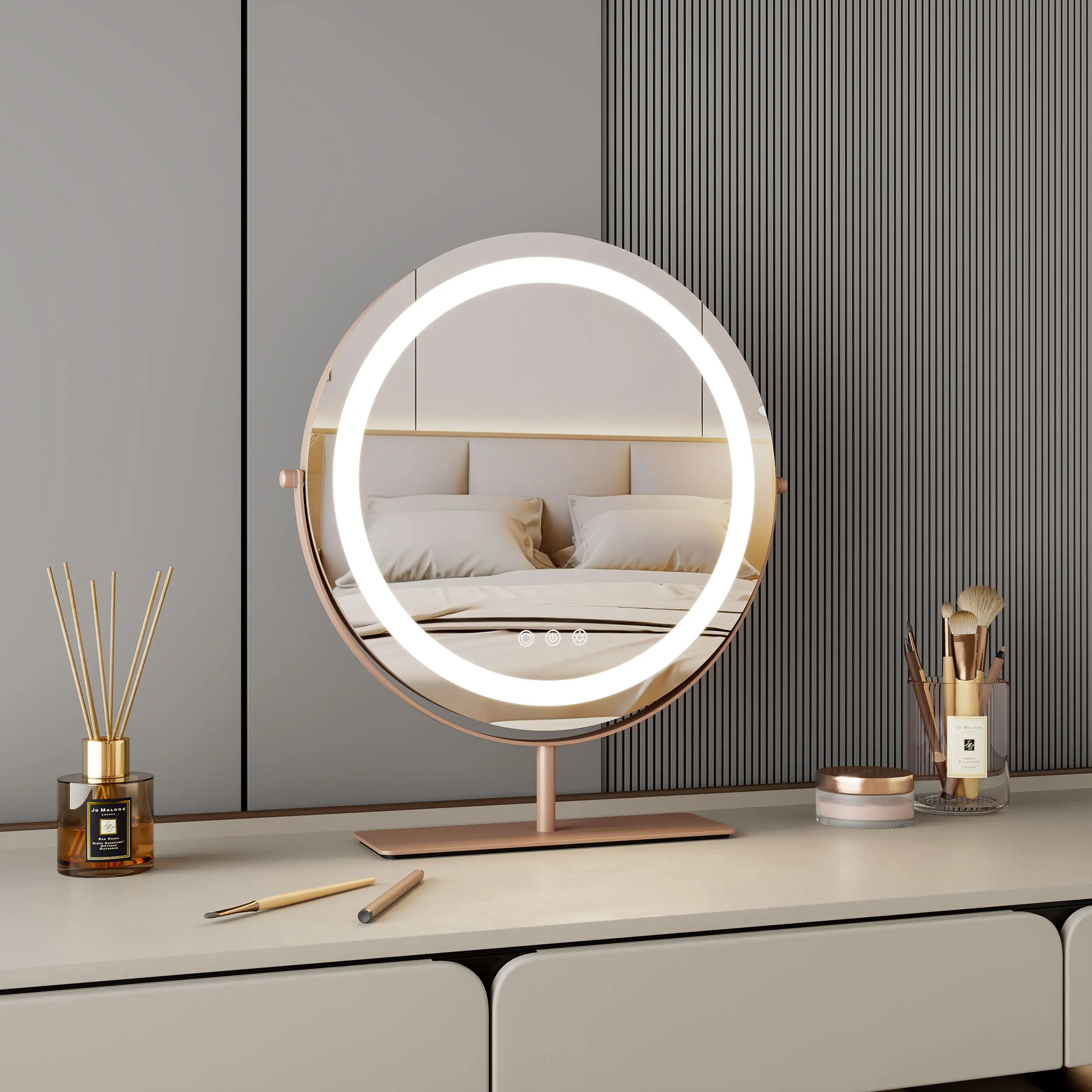 Espelho de maquiagem para mesa de cosméticos redondo com adaptador 12V em ouro rosa com luzes LED para maquiagem