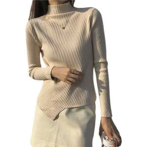 Pull à col haut de style vintage pour femmes couleur unie manches longues tricotées avec ourlet irrégulier Logo avant mode en gros - Product Image 5