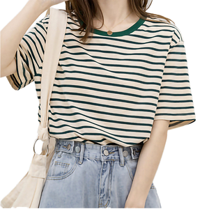 Camisetas Casuales de Verano con Cuello Redondo y Manga Corta para Mujer, 100% Algodón, Camiseta a Rayas Transpirable, Tees Estampados de Punto - Product Image 4