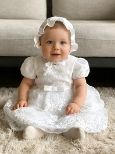 Nuovi Arrivi: Abito da Battesimo per Bambina con Cappellino, <span class=keywords><strong>Vestito</strong></span> Bianco Ricamato in Tulle per Cerimonia Principessa - Product Image 2