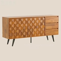 Buffet en bois de style Mid-Century avec portes texturées géométriques 3D et trois tiroirs, meuble de rangement pour salon et entrée