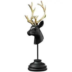 中国制造黑鹿头桌面摆件书架鹿角装饰件树脂工艺品创意家居装饰小雕像