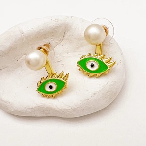 Green Evil Eye Pearl <b>Stud</b> <b>Earrings</b> Gold Plated Bezel Setting Everyday Wear Fashion Accessory - Product Image 4