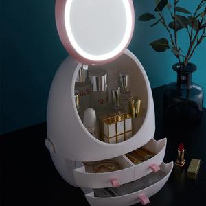 Caja de almacenamiento de cosméticos blanca con espejo LED, cajones, organizador de escritorio para almacenamiento de maquillaje y cuidado de la piel, a prueba de polvo, plegable con tapa - Product Image 3