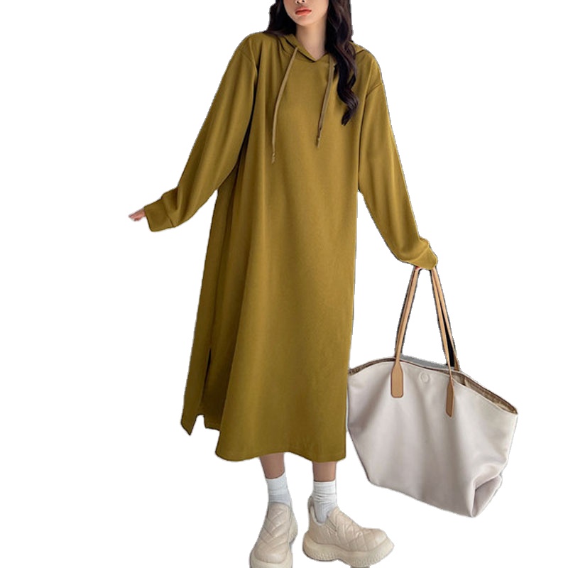 Autumn Korean Plain Hooded Sweatshirt Dress for Women