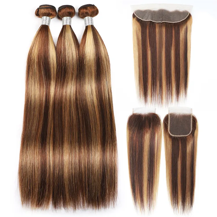 P4/27# Virgin Brazilian Hair 3 Bundles and Closure 100% Human Hair Bundles Highlight Piano Color Hair Extension With Frontal