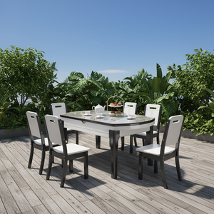 Tavolo da Pranzo Espandibile <span class=keywords><strong>in</strong></span> <span class=keywords><strong>Legno</strong></span> Massello e Pietra Sinterizzata, Pieghevole <span class=keywords><strong>in</strong></span> Rotondo, con Sedie Imbottite <span class=keywords><strong>in</strong></span> <span class=keywords><strong>Legno</strong></span> <span class=keywords><strong>Grezzo</strong></span> per 10 Persone - Product Image 4