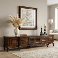 Console multimédia traditionnelle en bois massif, meuble TV en noyer brillant avec portes vitrées et tiroirs pour salon, hôtel
