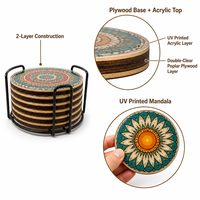 Ensemble de 8 dessous-de-verre bohèmes Mandala |   Contreplaqué peuplier imprimé UV acrylique 2 couches |   Décoration de table de bar ou de cuisine style bohème |   Cadeau personnalisable