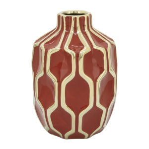 Vaso in Ceramica Geometrico Rosso con Accenti Dorati, Vaso Decorativo Moderno per Soggiorno, Ufficio, Tavolo, Camera da Letto - Product Image 1