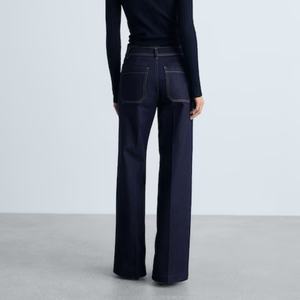 Nuevos Pantalones Vaqueros Anchos de Moda Casual con Bolsillos Decorativos, Pantalones Rectos Casuales Simples para Mujer en Color Azul Marino - Product Image 4