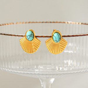 18K Gold Plated <b>Turquoise</b> Inlaid Fan Shape <b>Stud</b> <b>Earrings</b> Women's Luxury Designer Jewelry Wholesale - Product Image 3