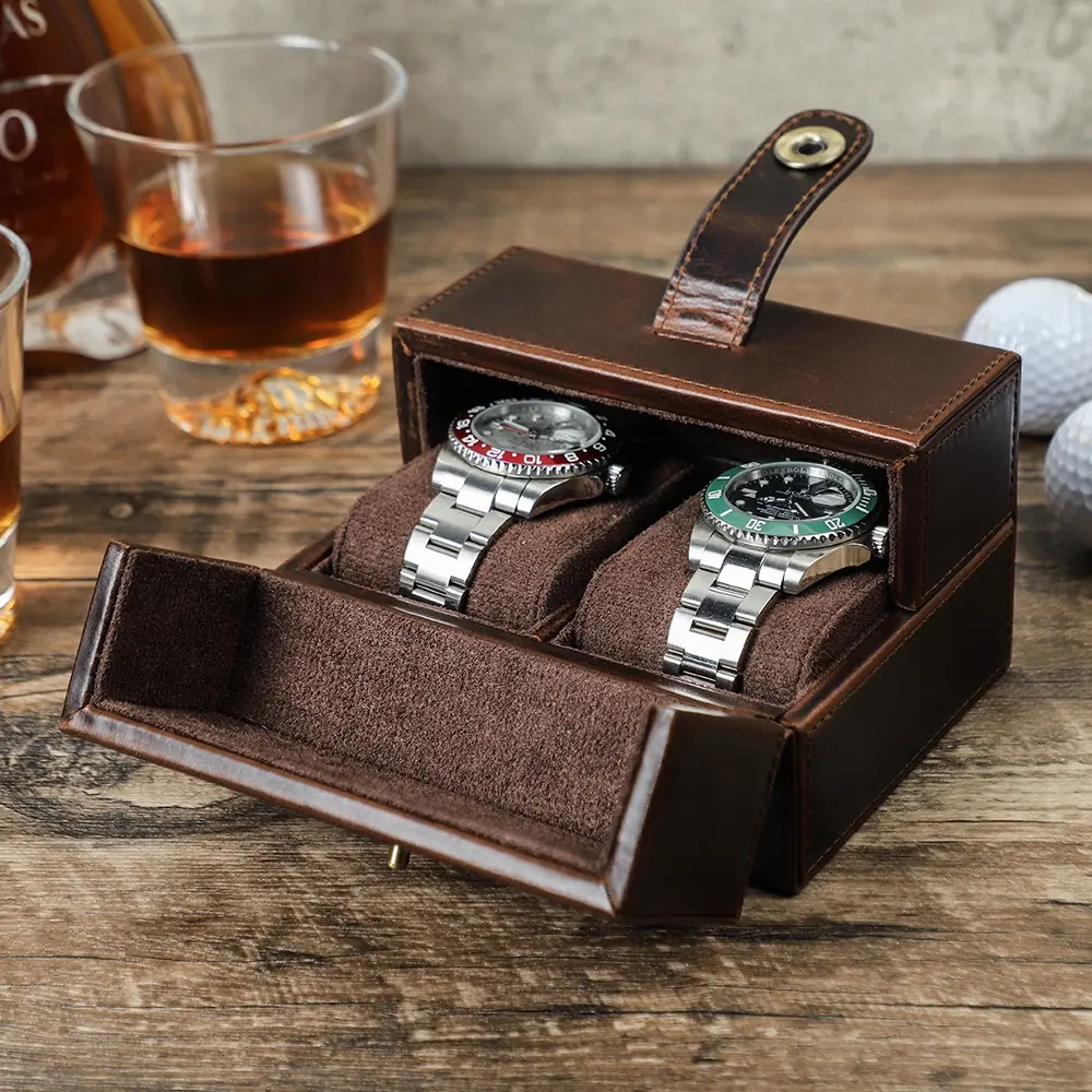 Custom Olie Koe Leder Luxe 2 Slots Dubbele Open Vierkante Horlogedoosjes Opbergen Organizer Horloge Reisdoos Voor 2 Horloges