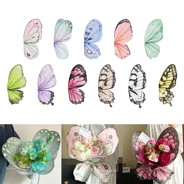 Papel de embrulho de flores para presente, material de florista à prova d'água, estampa transparente de plástico OPP com desenho de borboleta