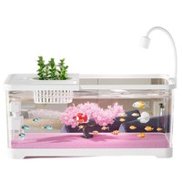 Aquarium écologique de bureau en plastique avec lumière et filtre à circulation automatique pour poissons rouges, motif fleurs de cerisier