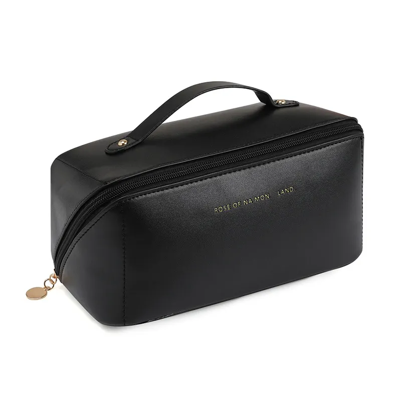 High grade waterproof handle cosmetic bag zipper pu leather make up pouch case pu leather makeup cosmetic bag