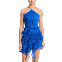 Robe de vacances à col halter plissé, robe mini sans bretelles de haute qualité, bordure de lotus bleue, robe de vacances pour femme, robe décontractée pour femme