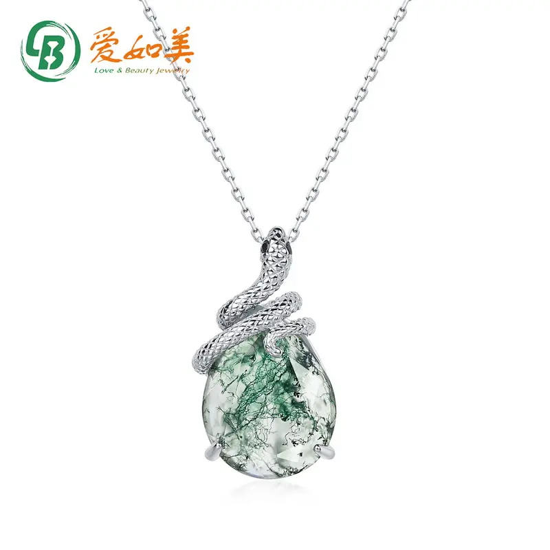 Forma di serpente verde muschio agata gemma ciondolo in argento Sterling 925