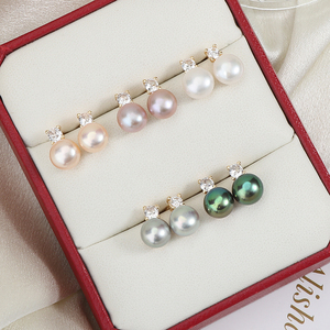 Boucles d'oreilles classiques en perles, perles d'eau douce naturelles, aiguille en argent 925, incrustées de diamants, haute brillance - Product Image 4