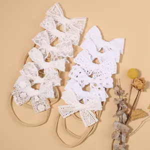 3.5 Inch White Lace Bows With Headband For Kids Girls Nylon Hairbands Newborn Baby Elastic Hair Bands Headwear Hair Accessories