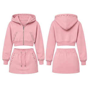 Ensemble sweat-shirt court rose à capuche pour femme avec détails en strass et jupe assortie, tenue décontractée pour femme - Product Image 1
